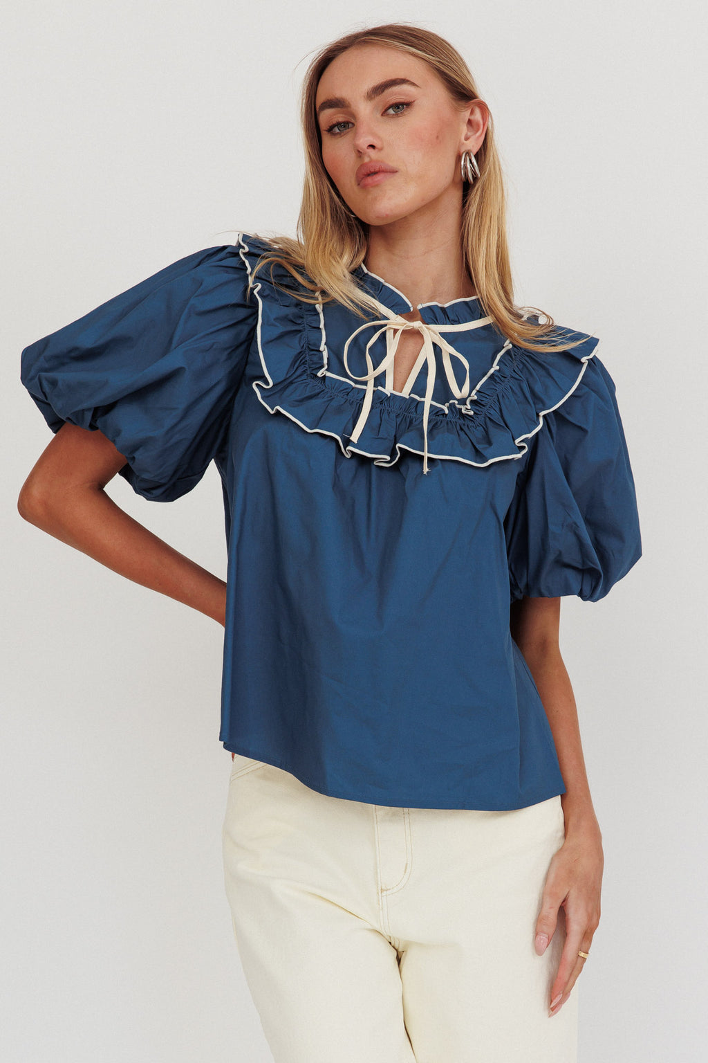 Remarkable Puff Sleeve Tied Neck Top Teal by Selfie Leslie Australia