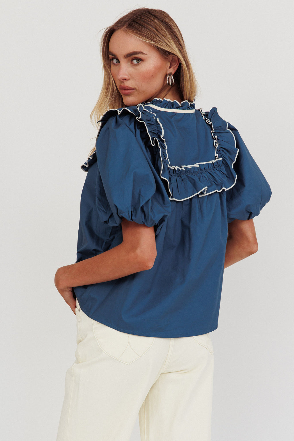 Remarkable Puff Sleeve Tied Neck Top Teal by Selfie Leslie Australia