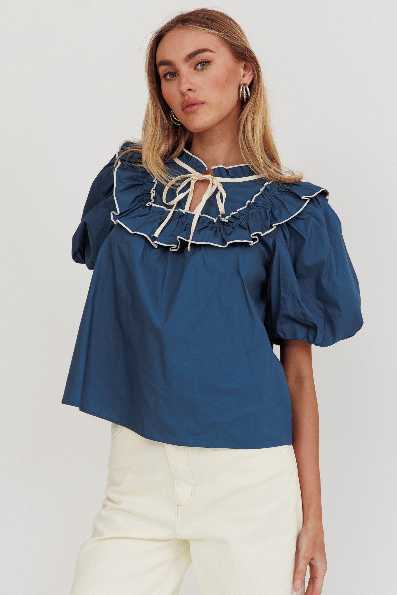 Remarkable Puff Sleeve Tied Neck Top Teal by Selfie Leslie Australia
