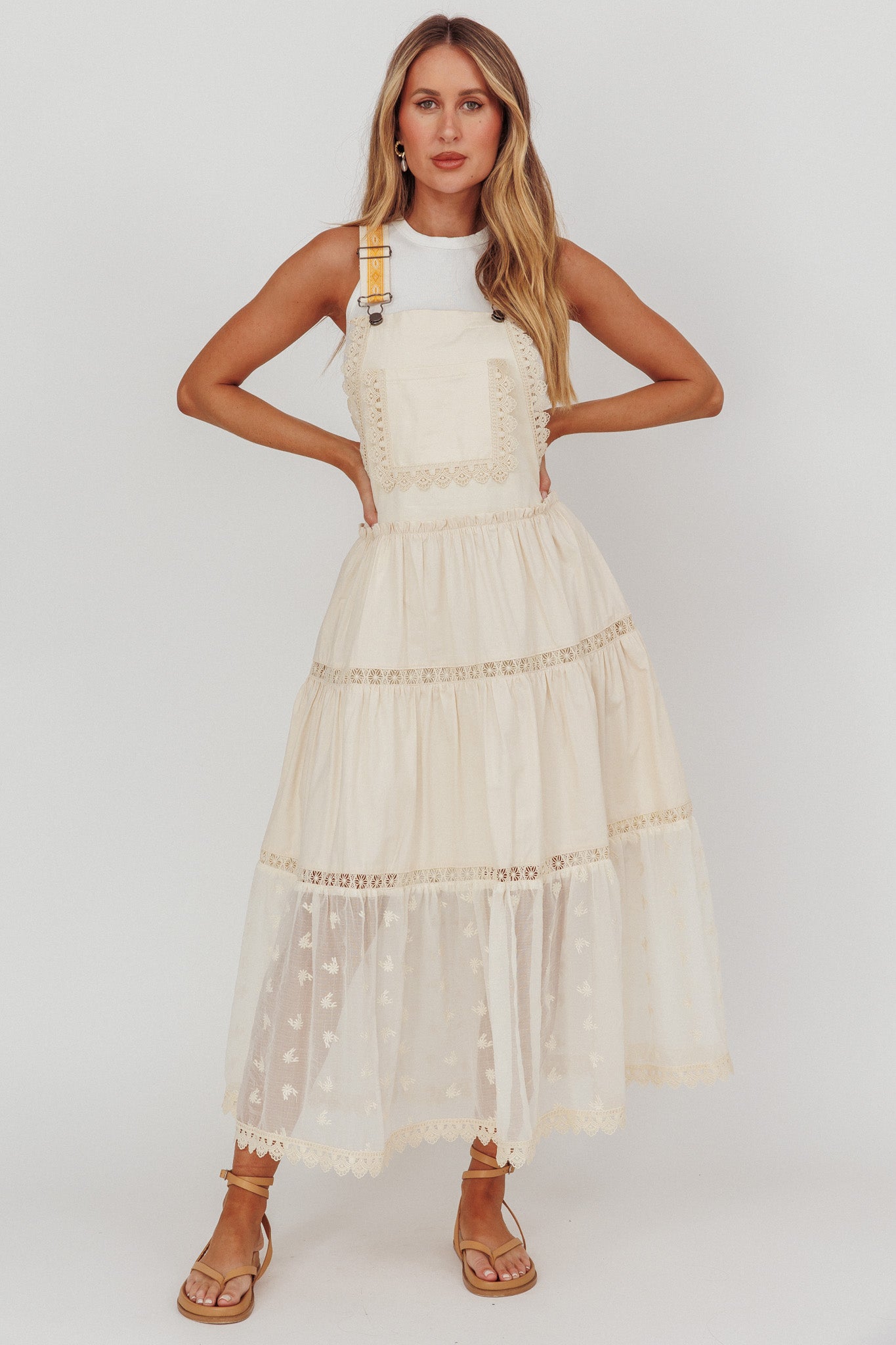 Odeyah Lace Trim Overall Dress Champagne by Selfie Leslie Australia