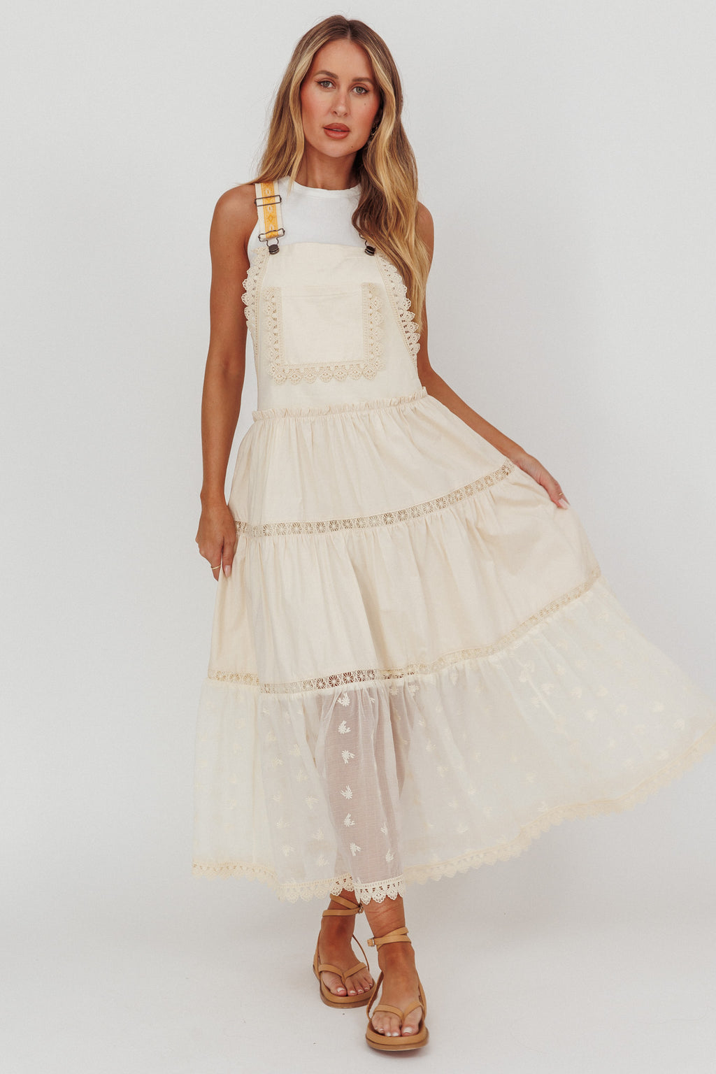 Odeyah Lace Trim Overall Dress Champagne by Selfie Leslie Australia