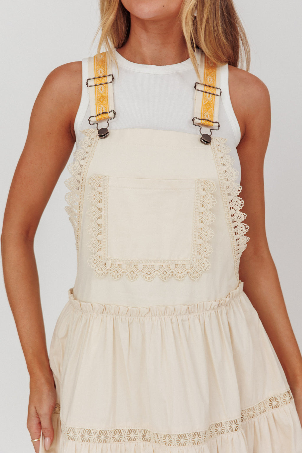 Odeyah Lace Trim Overall Dress Champagne by Selfie Leslie Australia