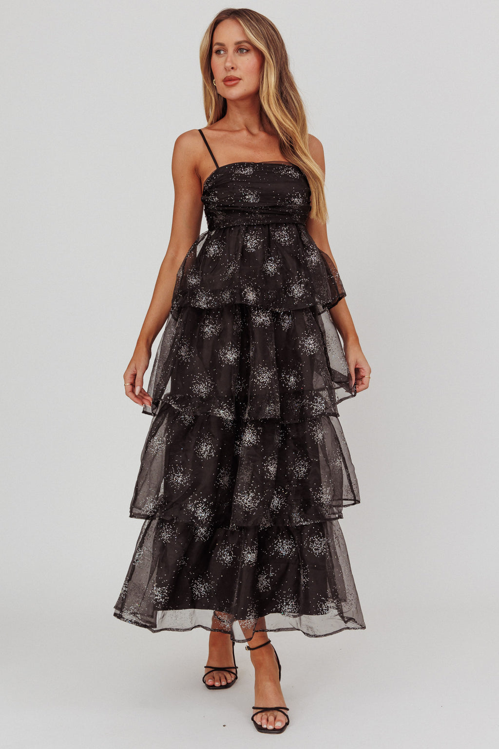 Morina Tiered Maxi Dress Glitter Black by Selfie Leslie Australia