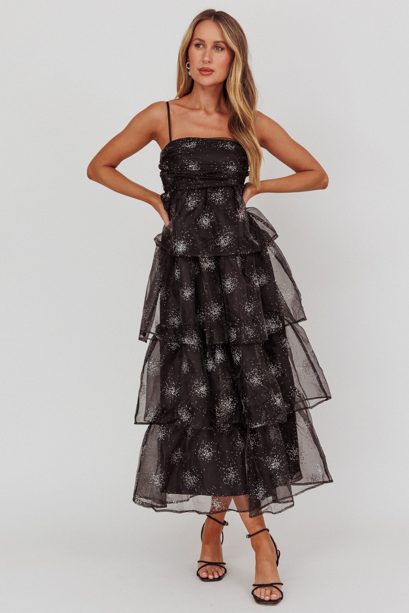Morina Tiered Maxi Dress Glitter Black by Selfie Leslie Australia