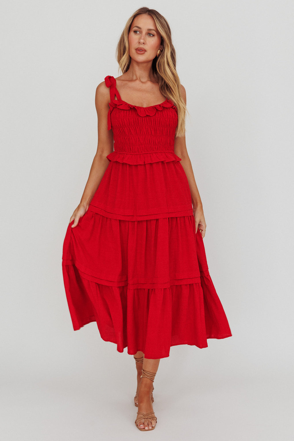 Paprika Tied Shoulder Shirred Midi Dress Red by Selfie Leslie Australia