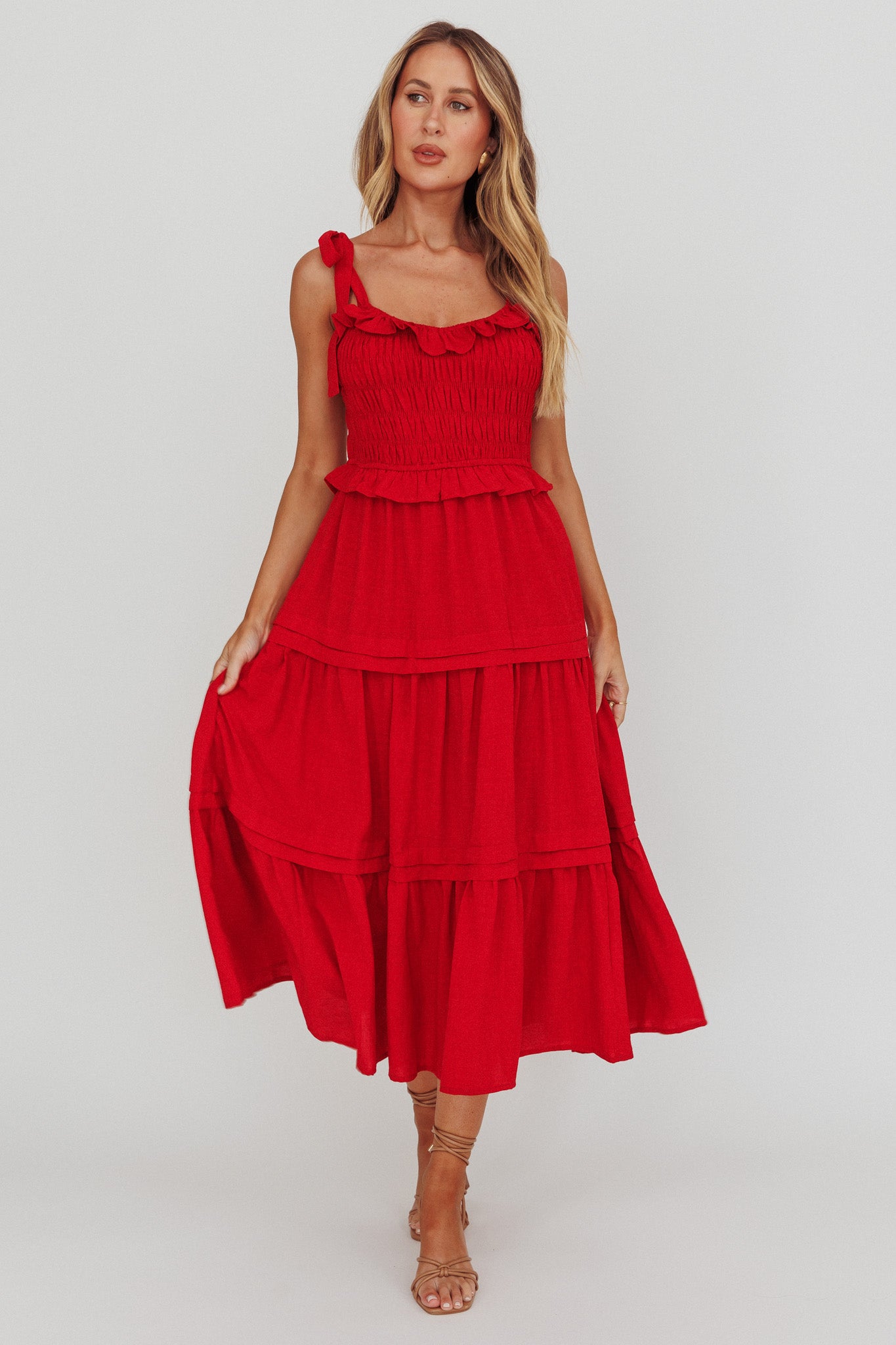 Paprika Tied Shoulder Shirred Midi Dress Red by Selfie Leslie Australia