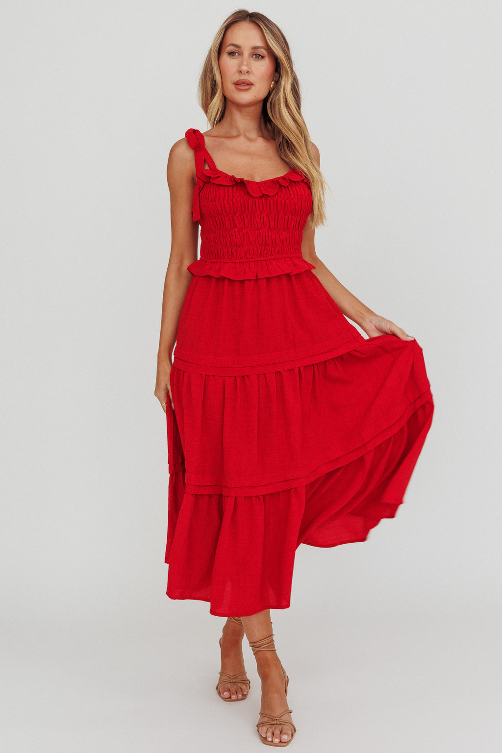Paprika Tied Shoulder Shirred Midi Dress Red by Selfie Leslie Australia