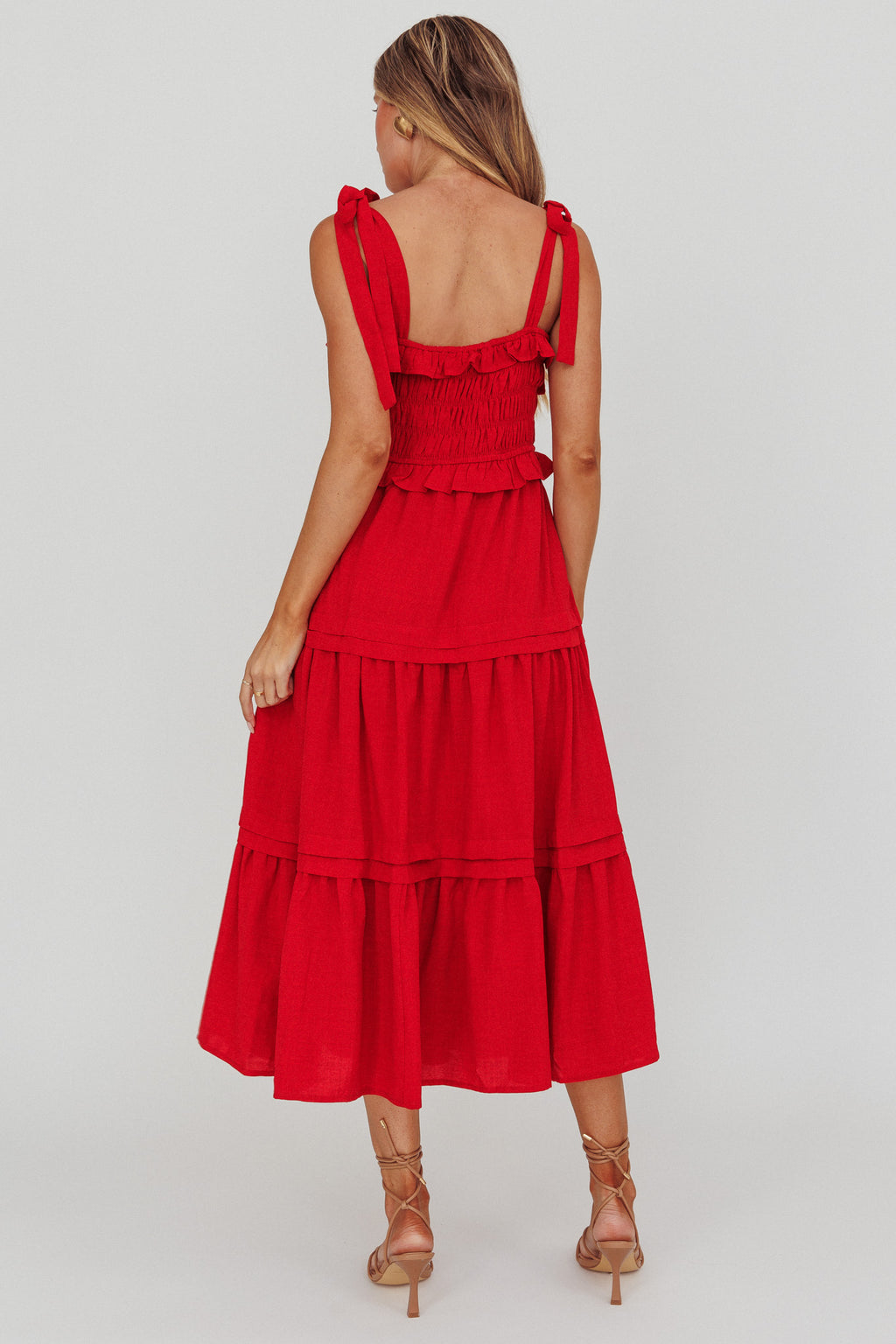Paprika Tied Shoulder Shirred Midi Dress Red by Selfie Leslie Australia