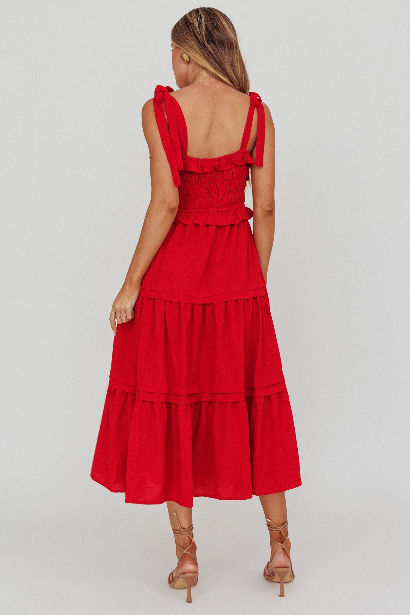 Paprika Tied Shoulder Shirred Midi Dress Red– Selfie Leslie Australia
