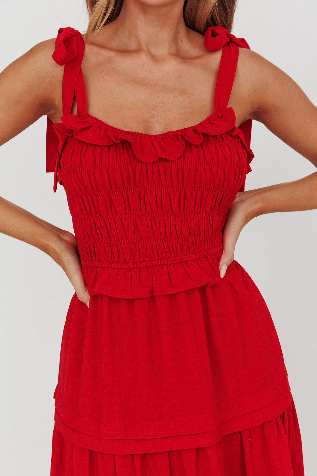 Paprika Tied Shoulder Shirred Midi Dress Red by Selfie Leslie Australia