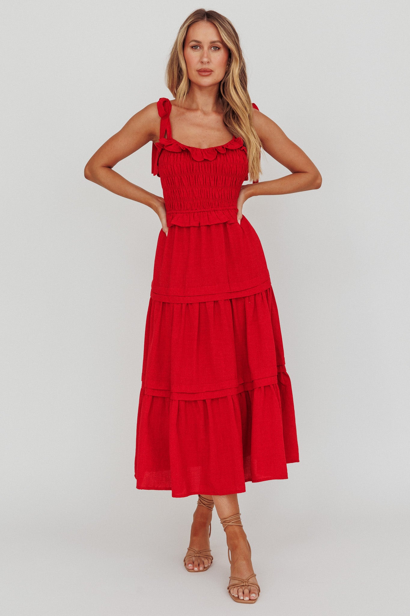 Paprika Tied Shoulder Shirred Midi Dress Red by Selfie Leslie Australia