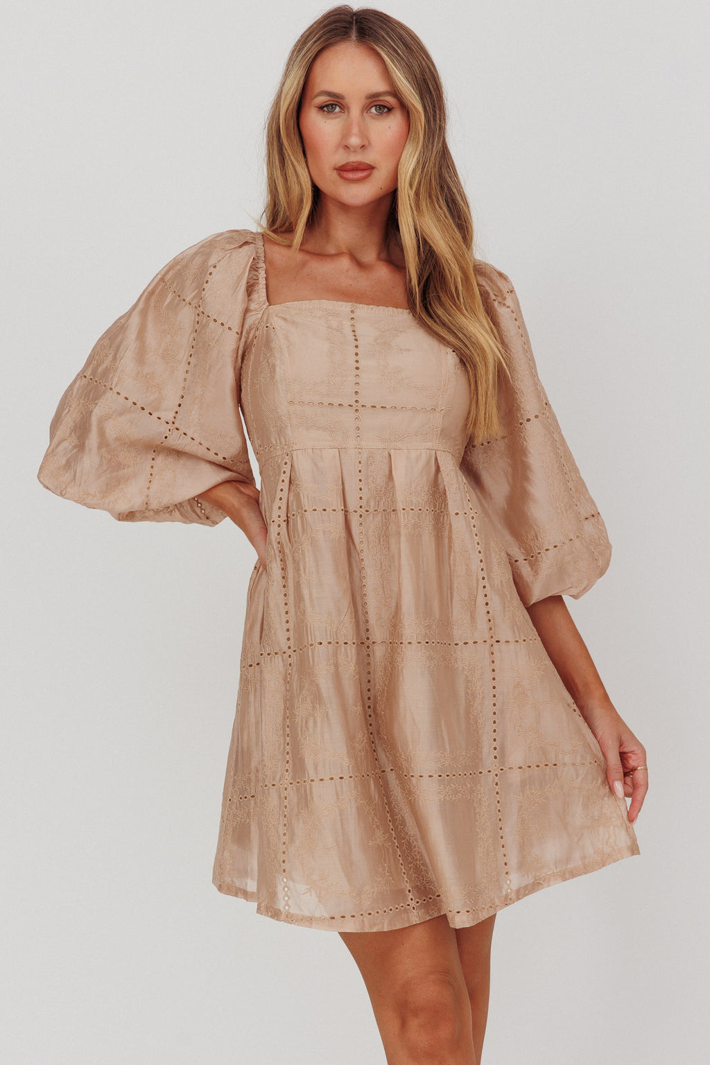 Summerlin Puff Sleeve Eyelet Mini Dress Beige by Selfie Leslie Australia