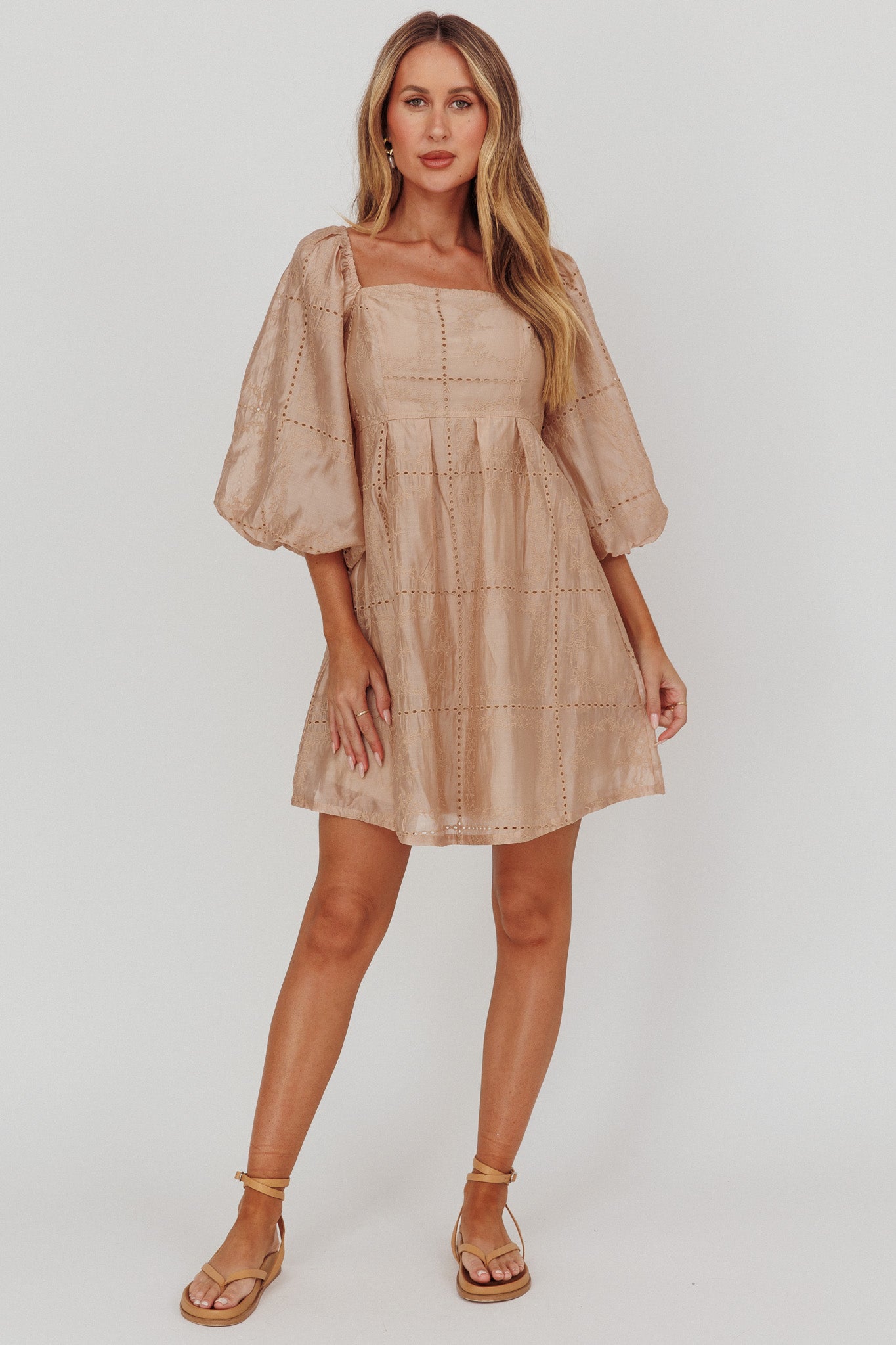 Summerlin Puff Sleeve Eyelet Mini Dress Beige by Selfie Leslie Australia