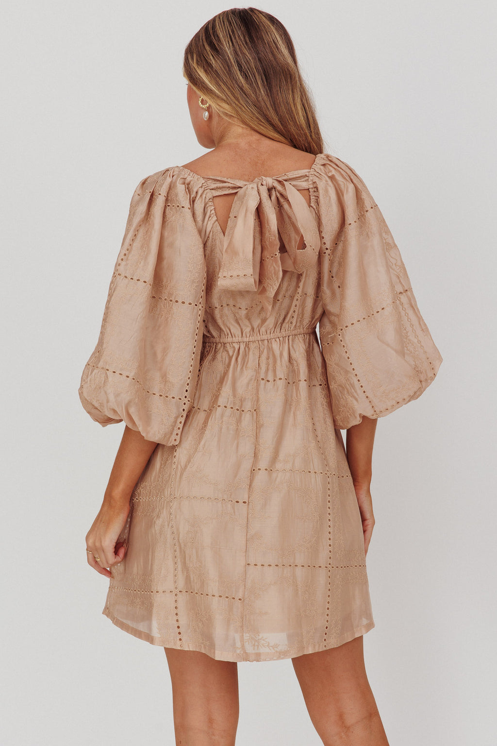 Summerlin Puff Sleeve Eyelet Mini Dress Beige by Selfie Leslie Australia