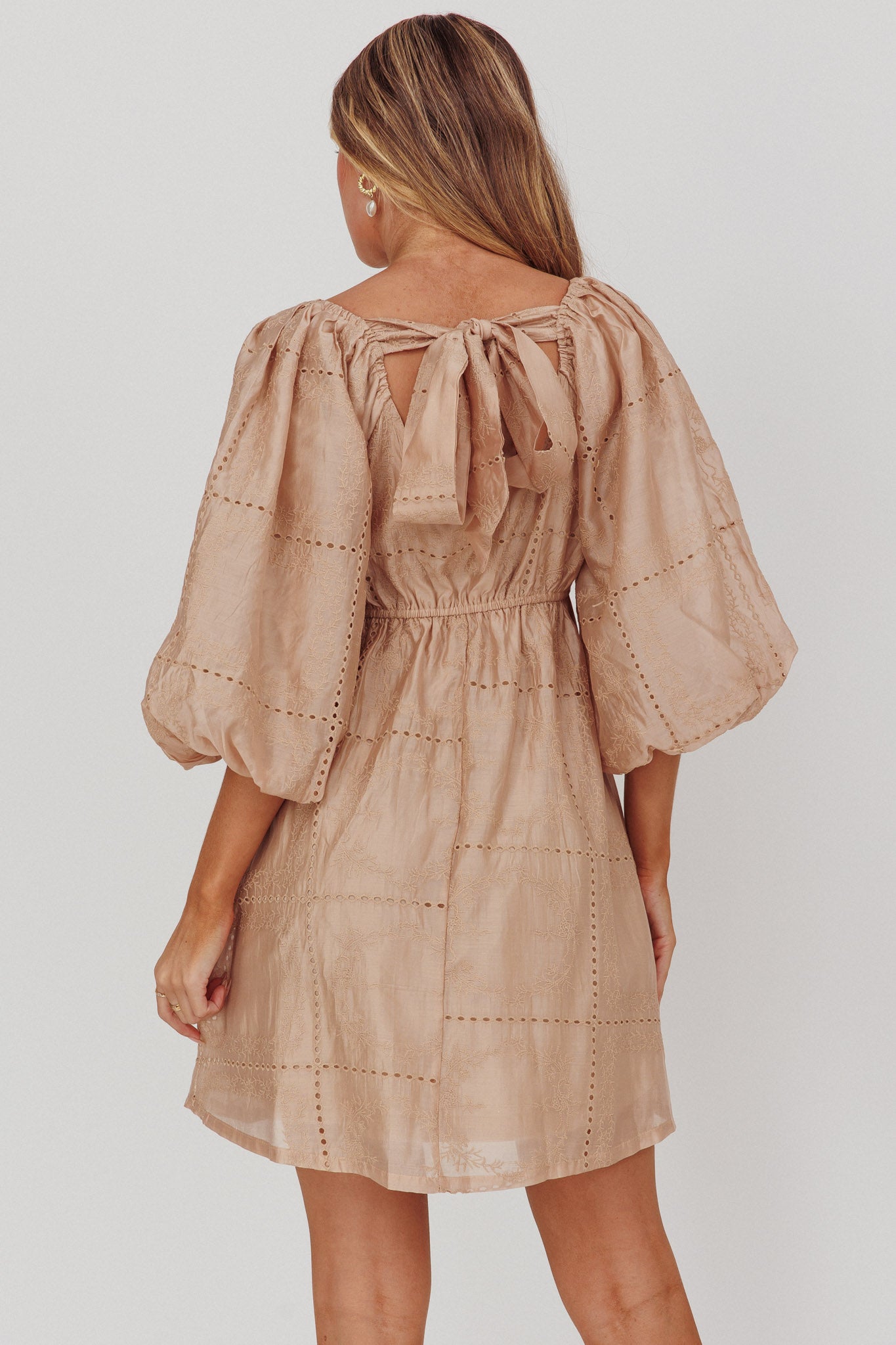 Summerlin Puff Sleeve Eyelet Mini Dress Beige by Selfie Leslie Australia