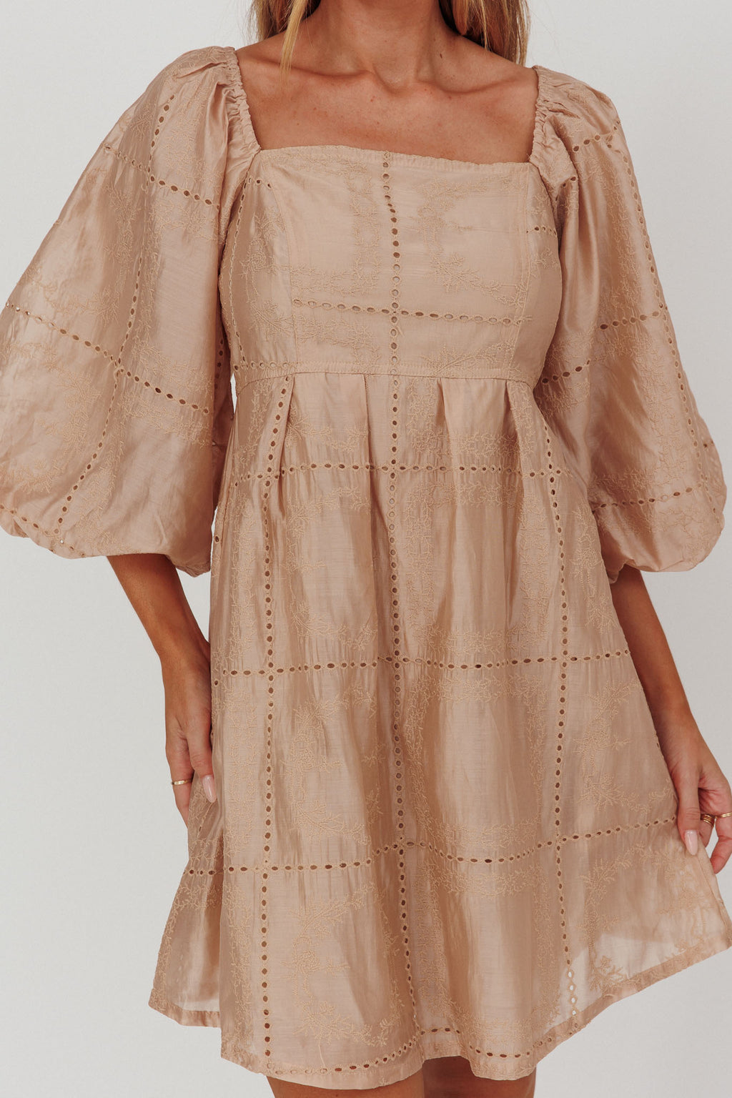 Summerlin Puff Sleeve Eyelet Mini Dress Beige by Selfie Leslie Australia