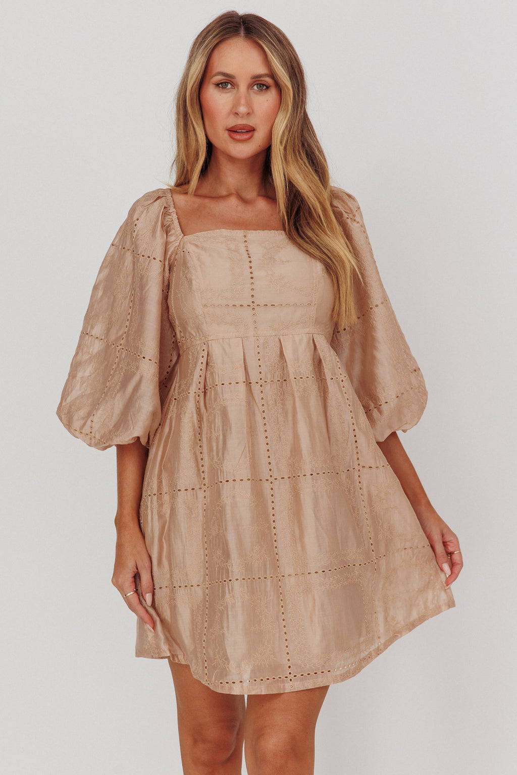 Summerlin Puff Sleeve Eyelet Mini Dress Beige by Selfie Leslie Australia