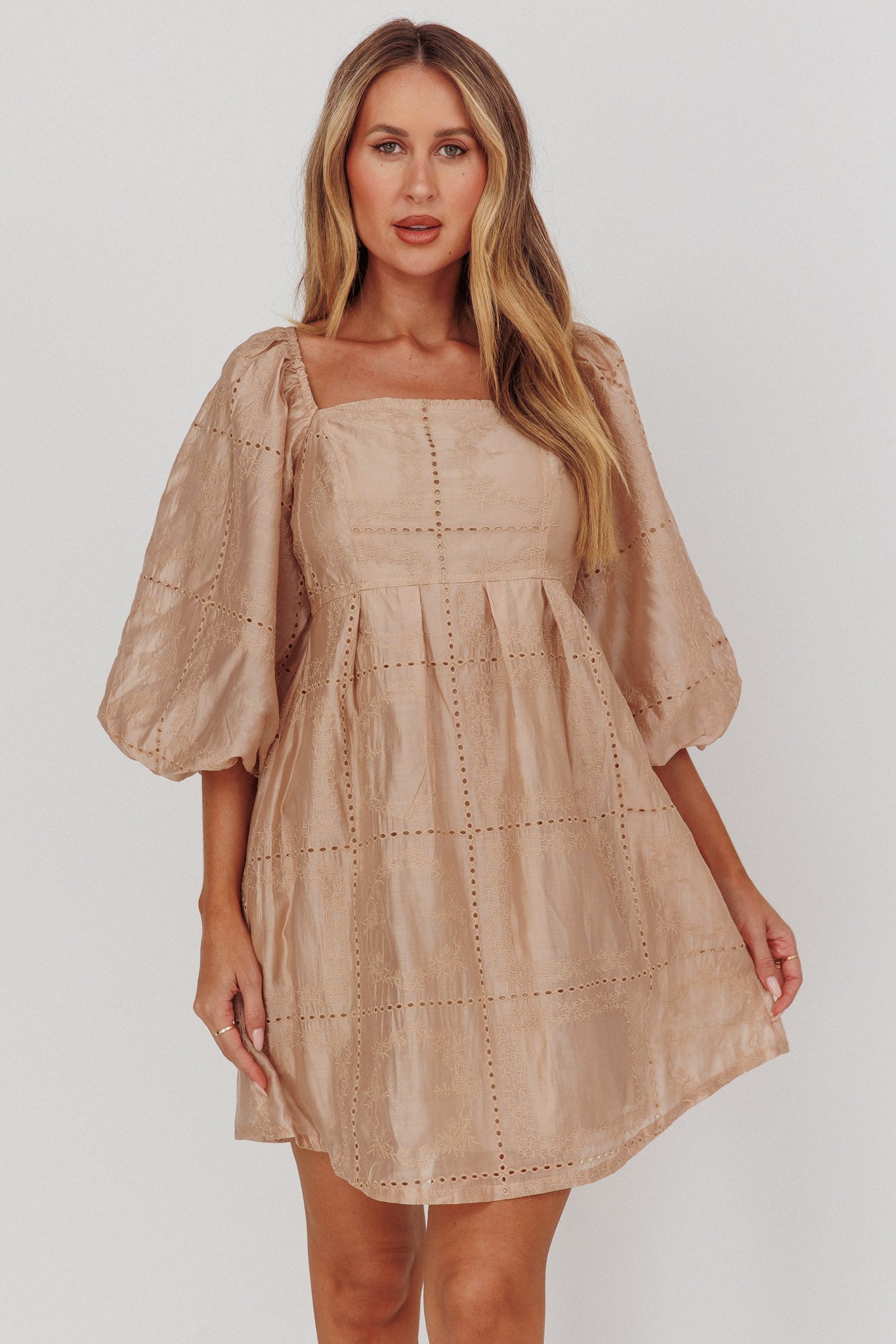 Summerlin Puff Sleeve Eyelet Mini Dress Beige by Selfie Leslie Australia