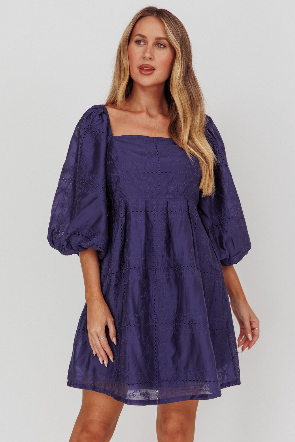 Summerlin Puff Sleeve Eyelet Mini Dress Navy by Selfie Leslie Australia