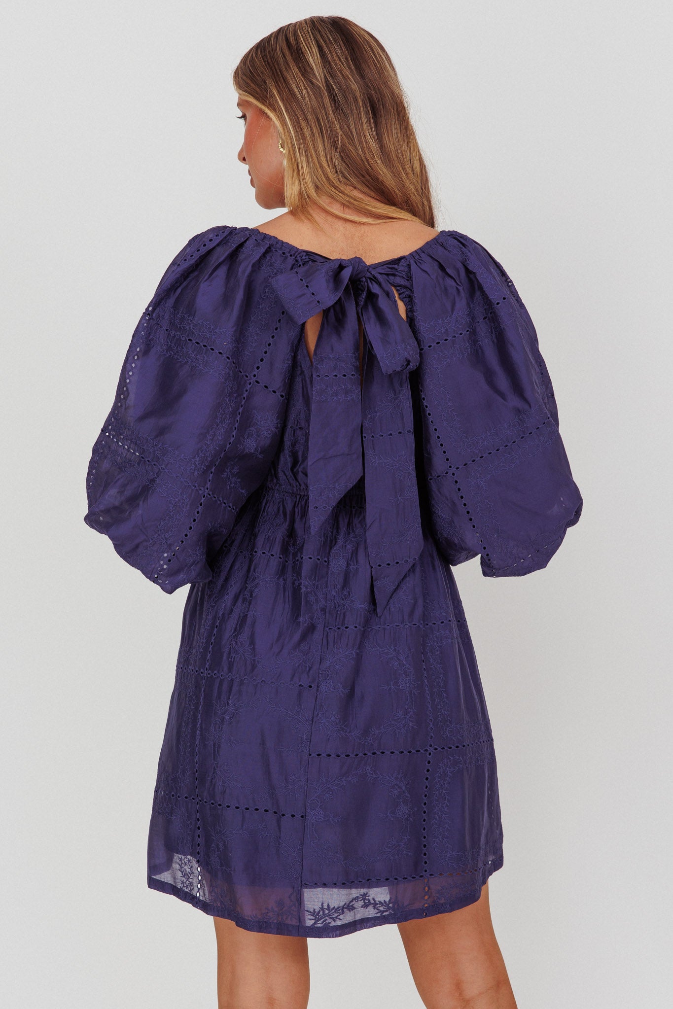 Summerlin Puff Sleeve Eyelet Mini Dress Navy by Selfie Leslie Australia