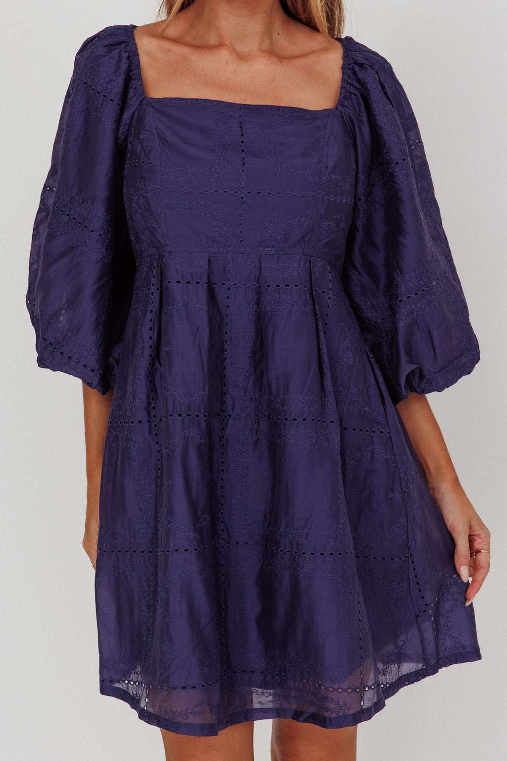 Summerlin Puff Sleeve Eyelet Mini Dress Navy by Selfie Leslie Australia