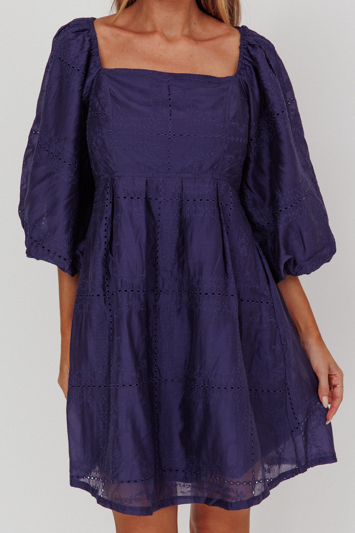 Summerlin Puff Sleeve Eyelet Mini Dress Navy by Selfie Leslie Australia