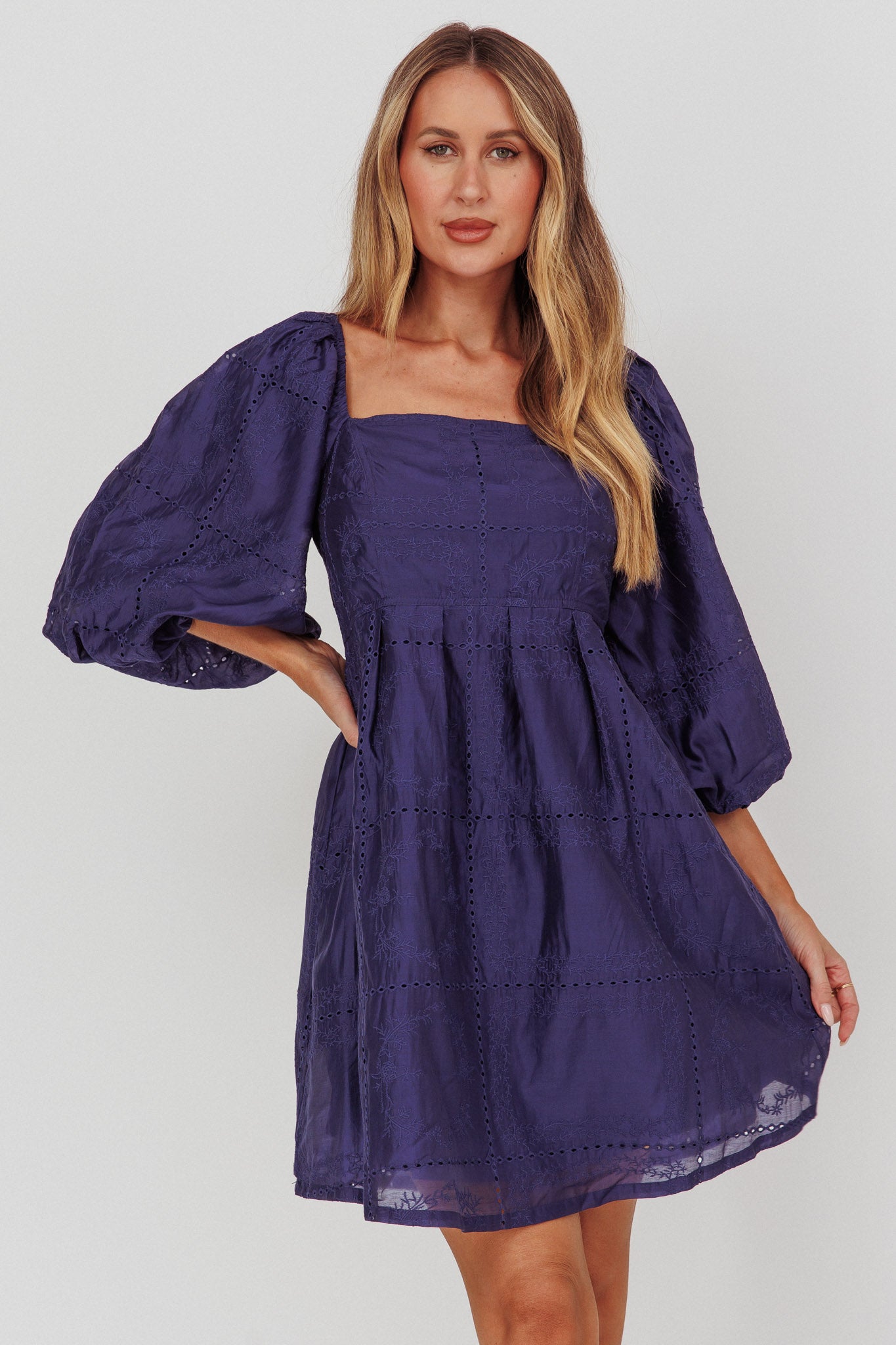 Summerlin Puff Sleeve Eyelet Mini Dress Navy by Selfie Leslie Australia