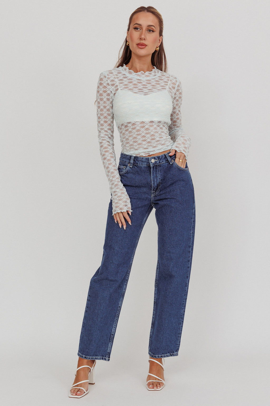Not Shy Long Sleeve Lace Top Alice Blue by Selfie Leslie Australia
