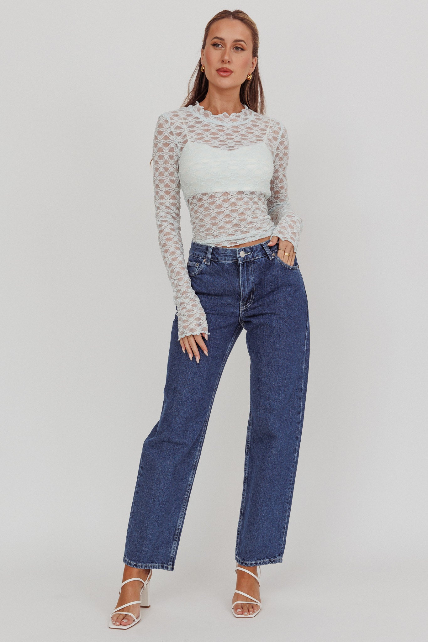 Not Shy Long Sleeve Lace Top Alice Blue by Selfie Leslie Australia