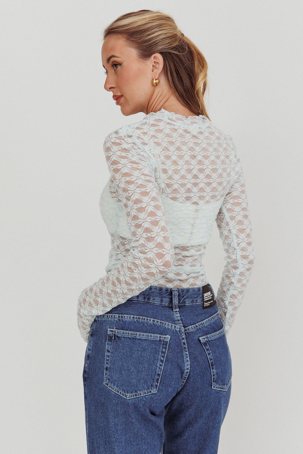 Not Shy Long Sleeve Lace Top Alice Blue by Selfie Leslie Australia