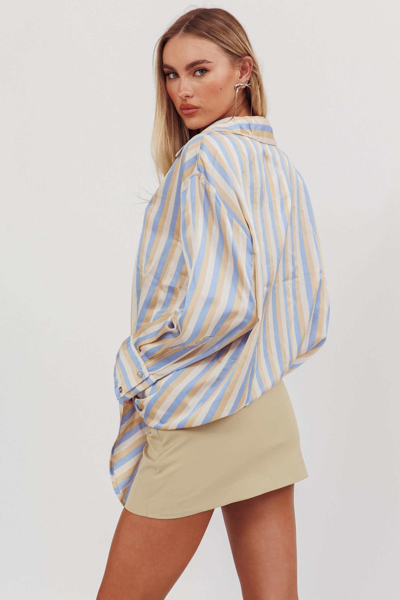 Like The Movies Striped Satin Shirt Light Blue by Selfie Leslie Australia