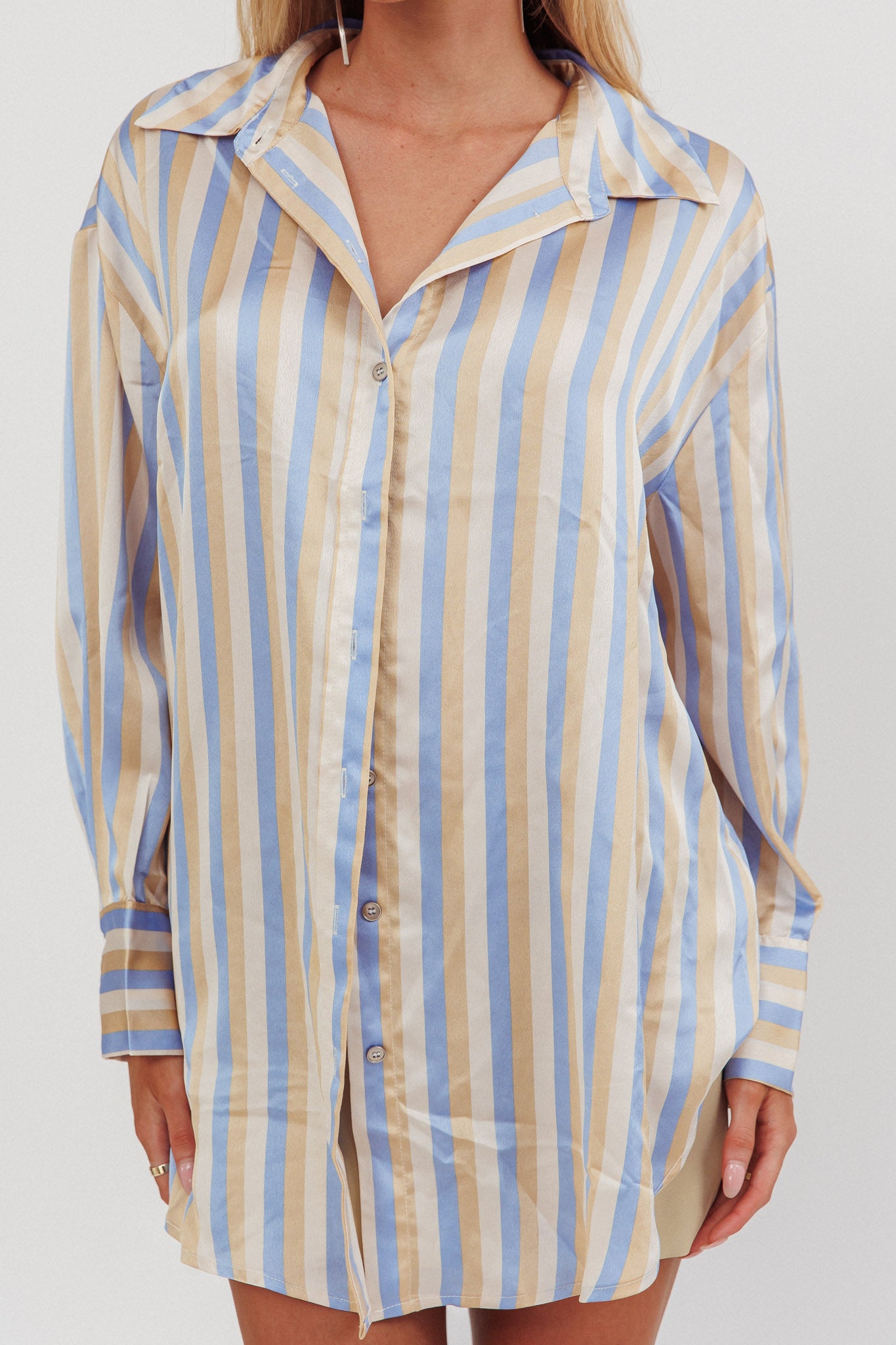 Like The Movies Striped Satin Shirt Light Blue by Selfie Leslie Australia