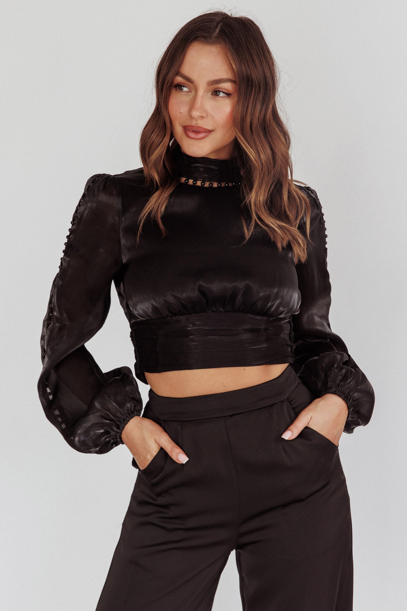 Caia Pearl Detail Open Back Top Black by Selfie Leslie Australia
