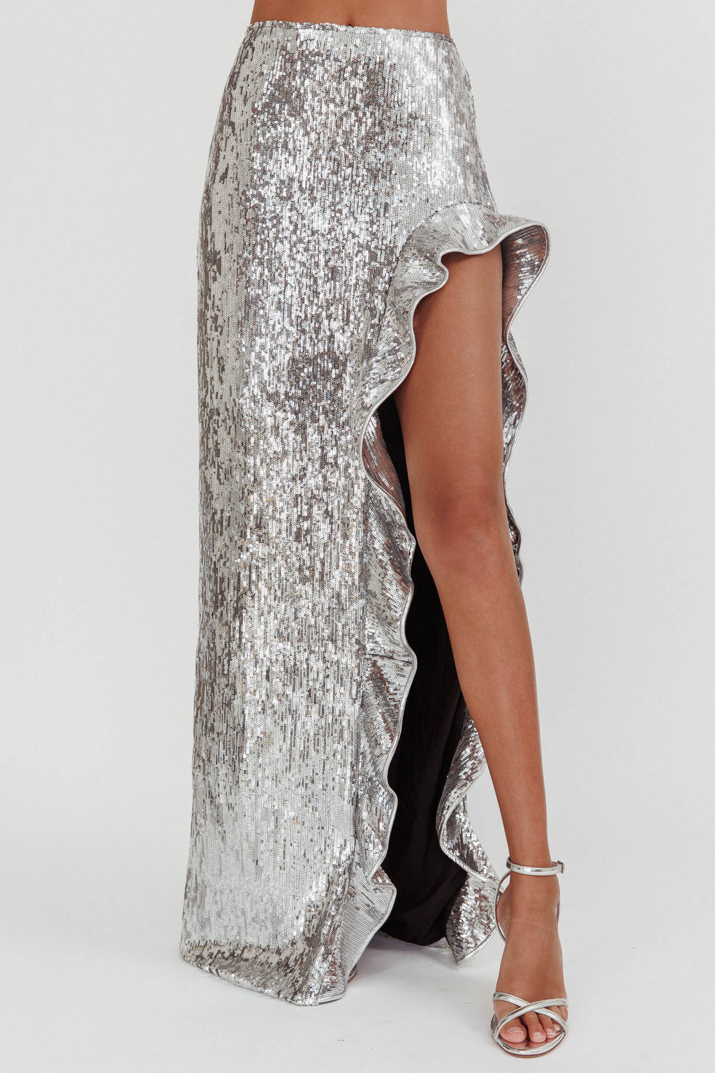 Star Girls Open Split Sequin Maxi Skirt Silver by Selfie Leslie Australia