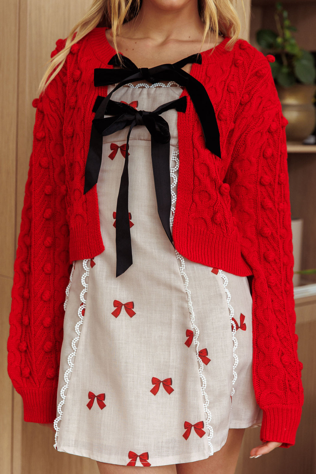 Tera Velvet Bow Cardigan Red by Selfie Leslie Australia