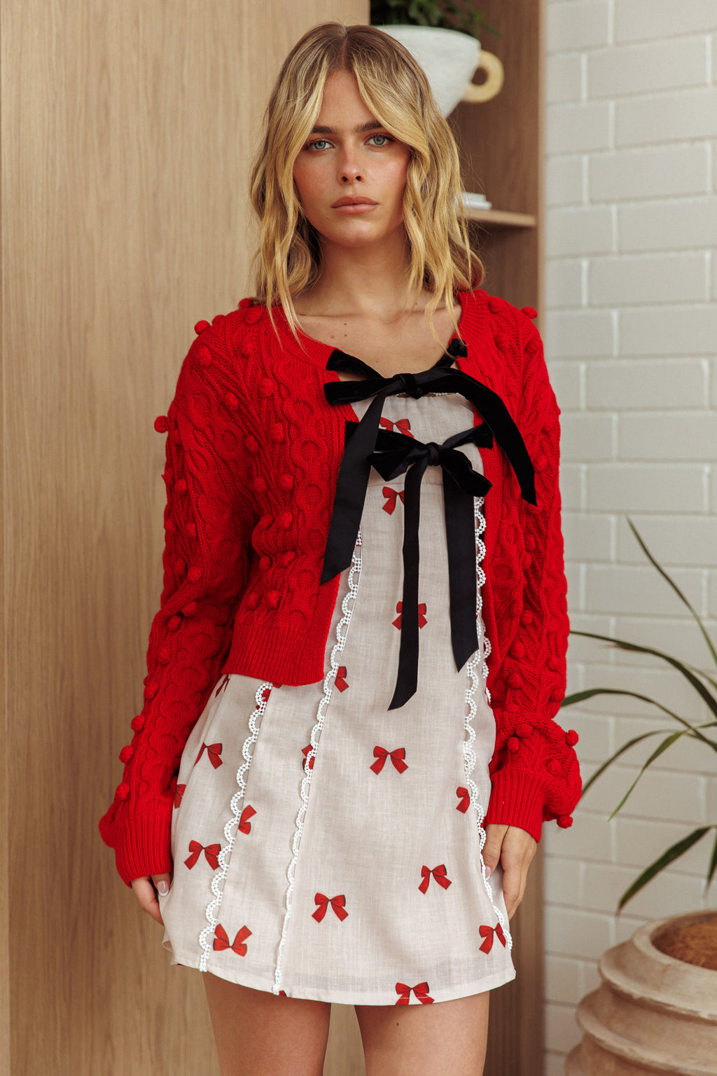 Tera Velvet Bow Cardigan Red by Selfie Leslie Australia