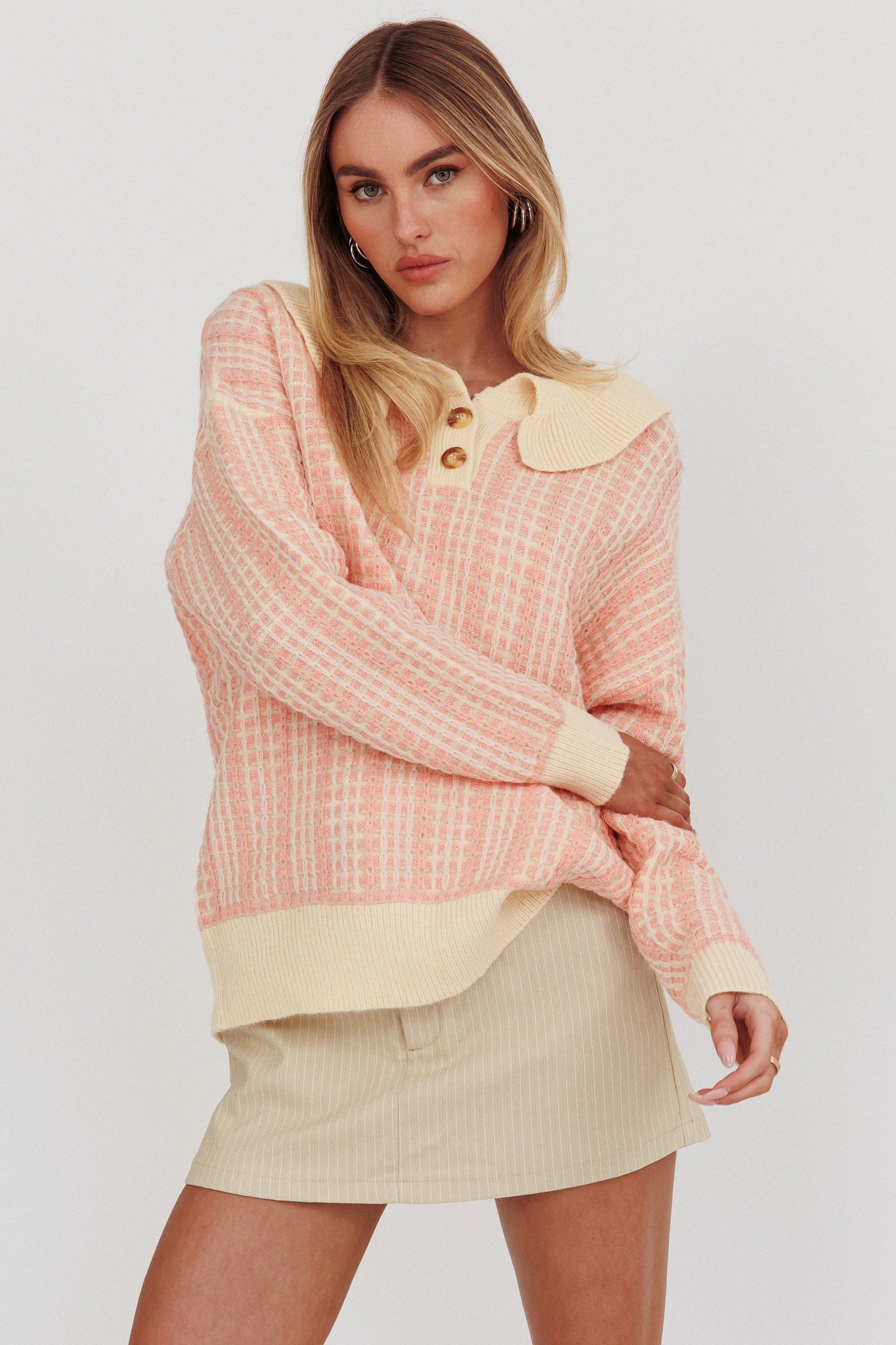 Rewrite Quarter Button Knit Sweater Coral by Selfie Leslie Australia