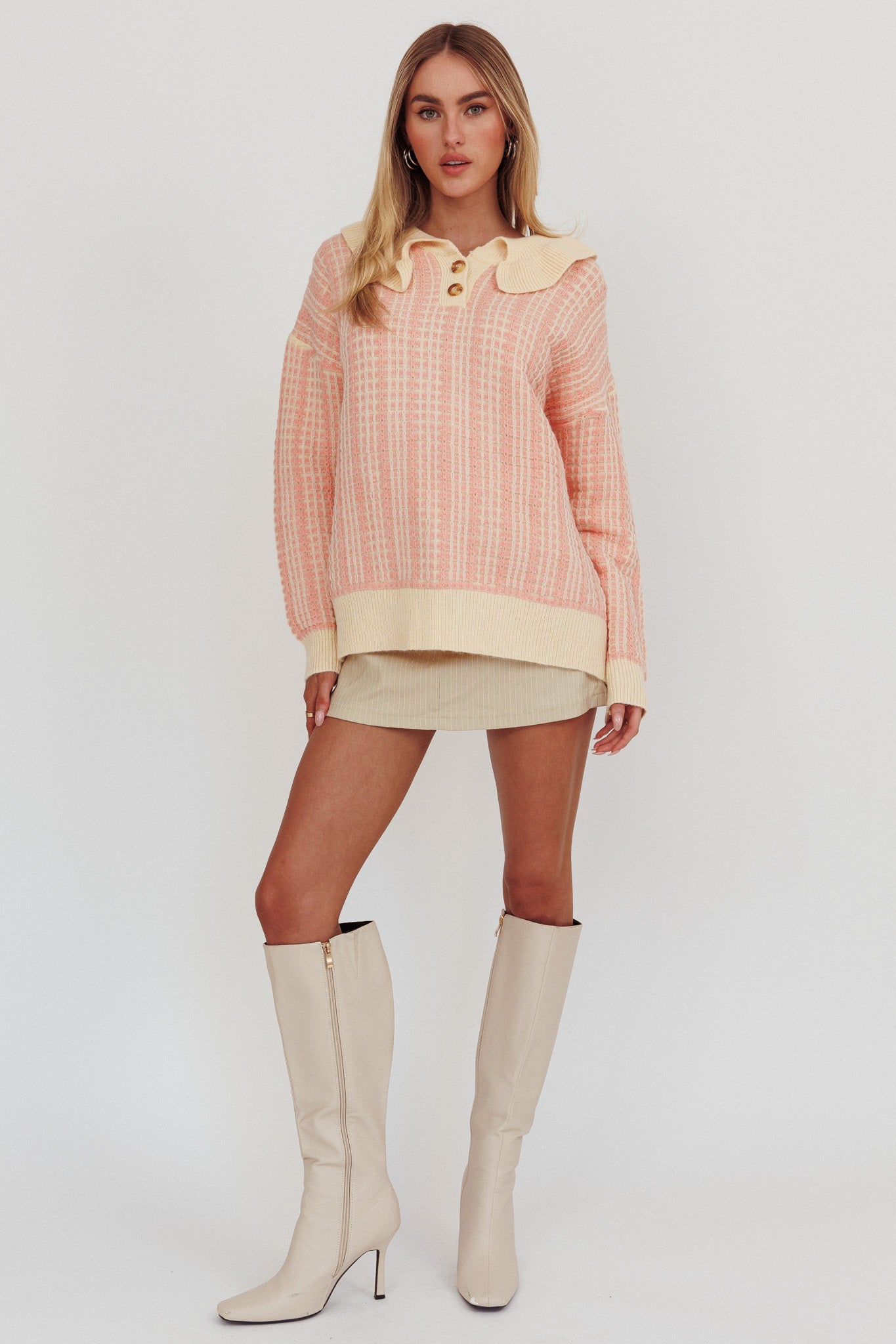 Rewrite Quarter Button Knit Sweater Coral by Selfie Leslie Australia