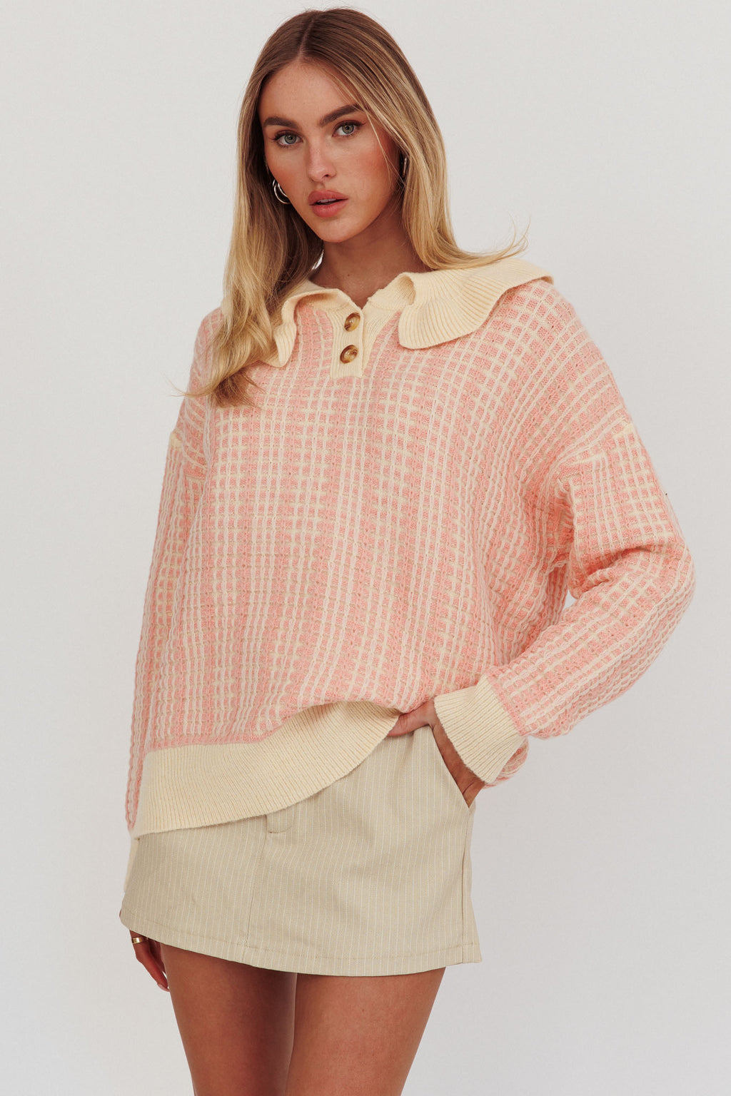 Rewrite Quarter Button Knit Sweater Coral by Selfie Leslie Australia