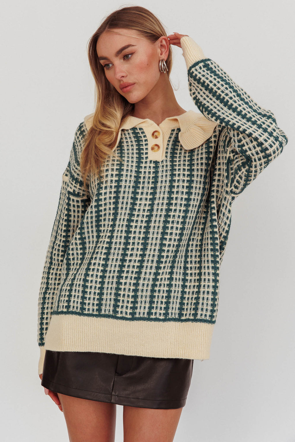Rewrite Quarter Button Knit Sweater Emerald by Selfie Leslie Australia