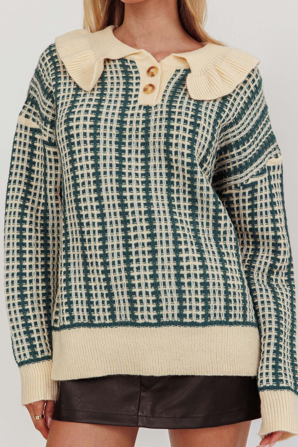 Rewrite Quarter Button Knit Sweater Emerald by Selfie Leslie Australia