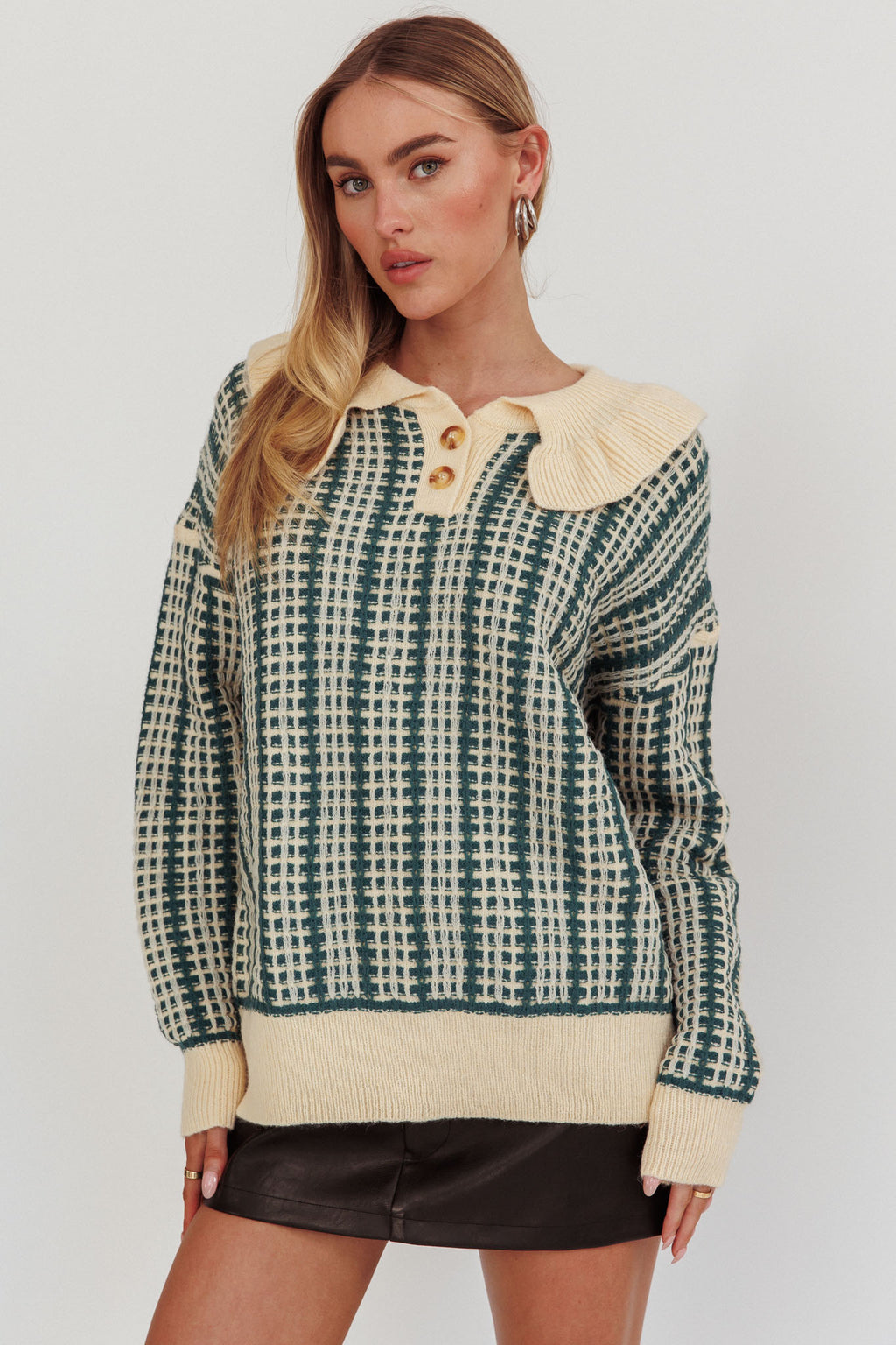 Rewrite Quarter Button Knit Sweater Emerald by Selfie Leslie Australia