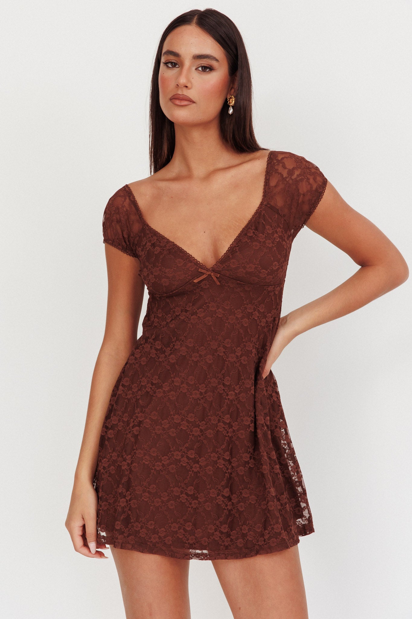 Shadows Lace Overlay Mini Dress Brown by Selfie Leslie Australia