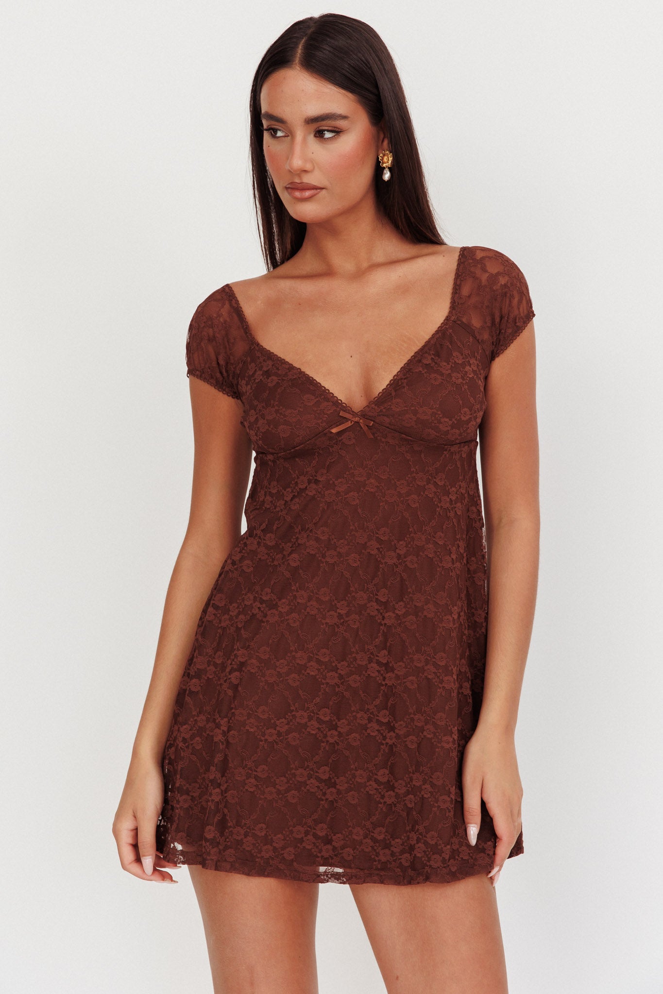 Shadows Lace Overlay Mini Dress Brown by Selfie Leslie Australia