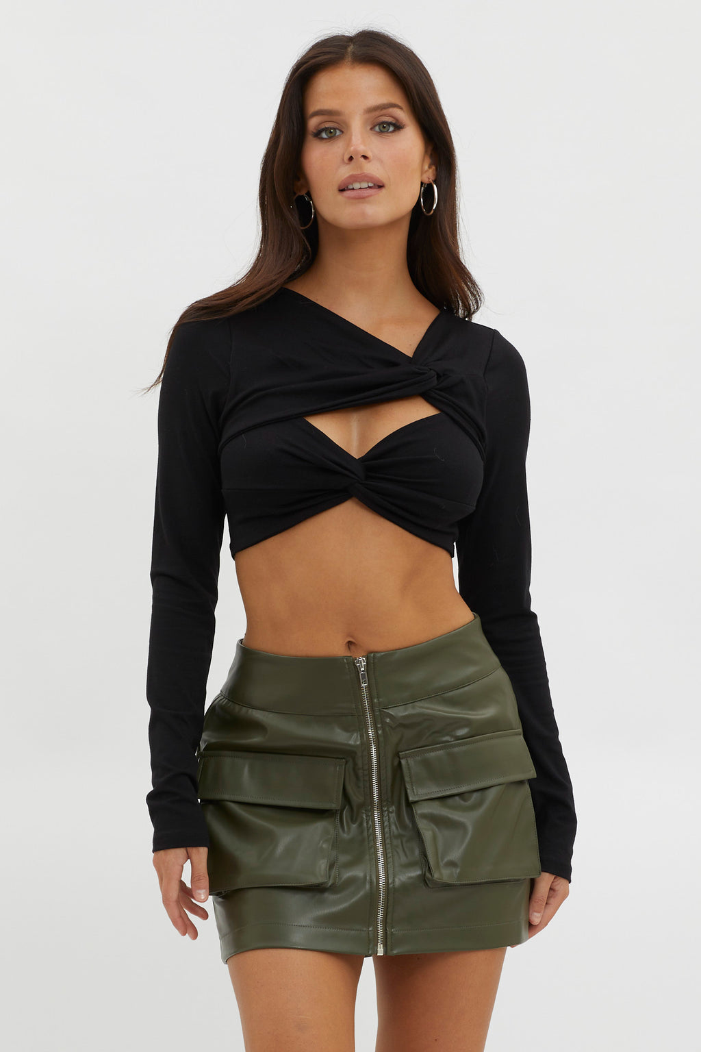Foxy Twist Long Sleeve Crop Top Black by Selfie Leslie Australia