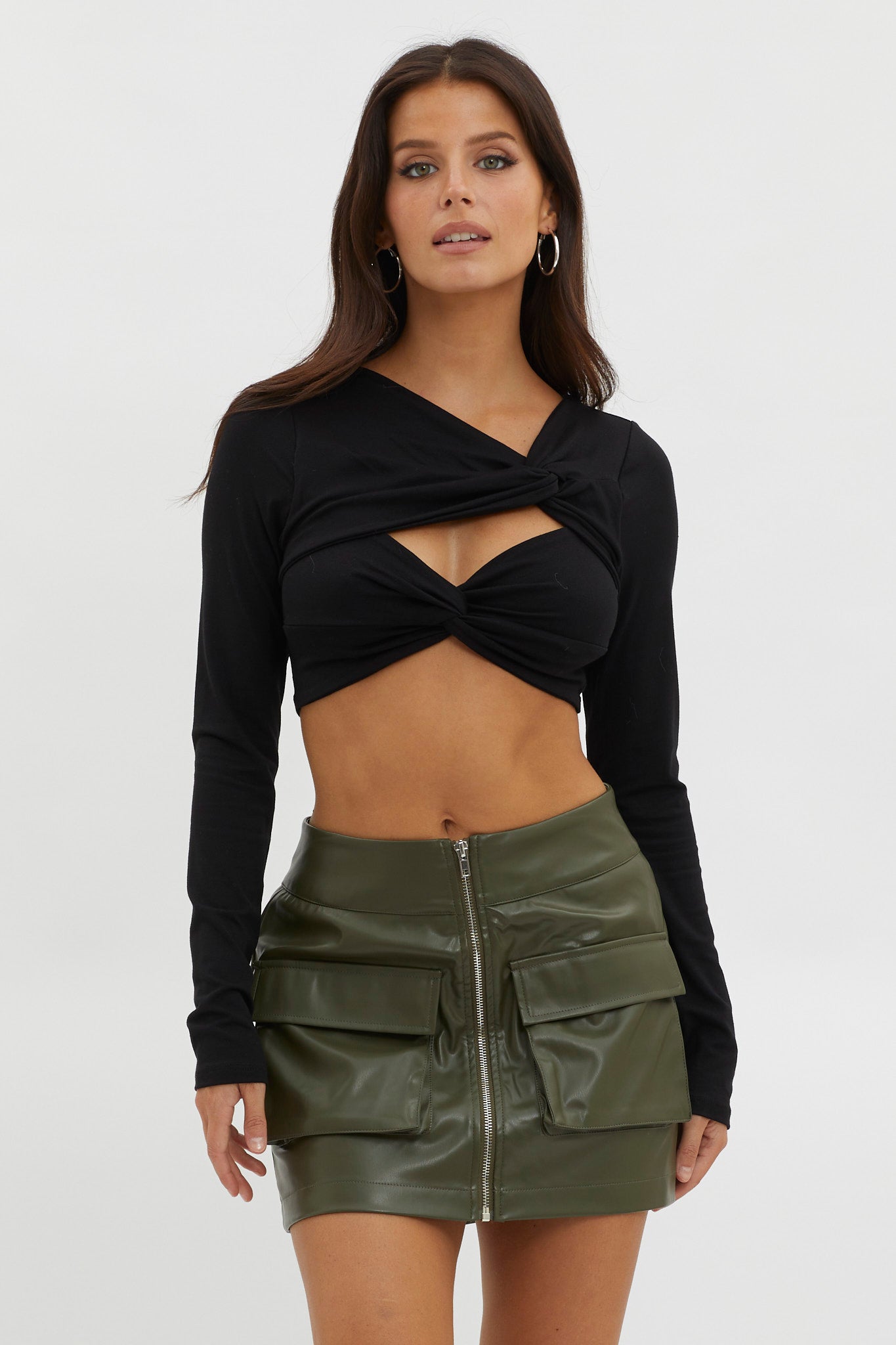 Foxy Twist Long Sleeve Crop Top Black by Selfie Leslie Australia