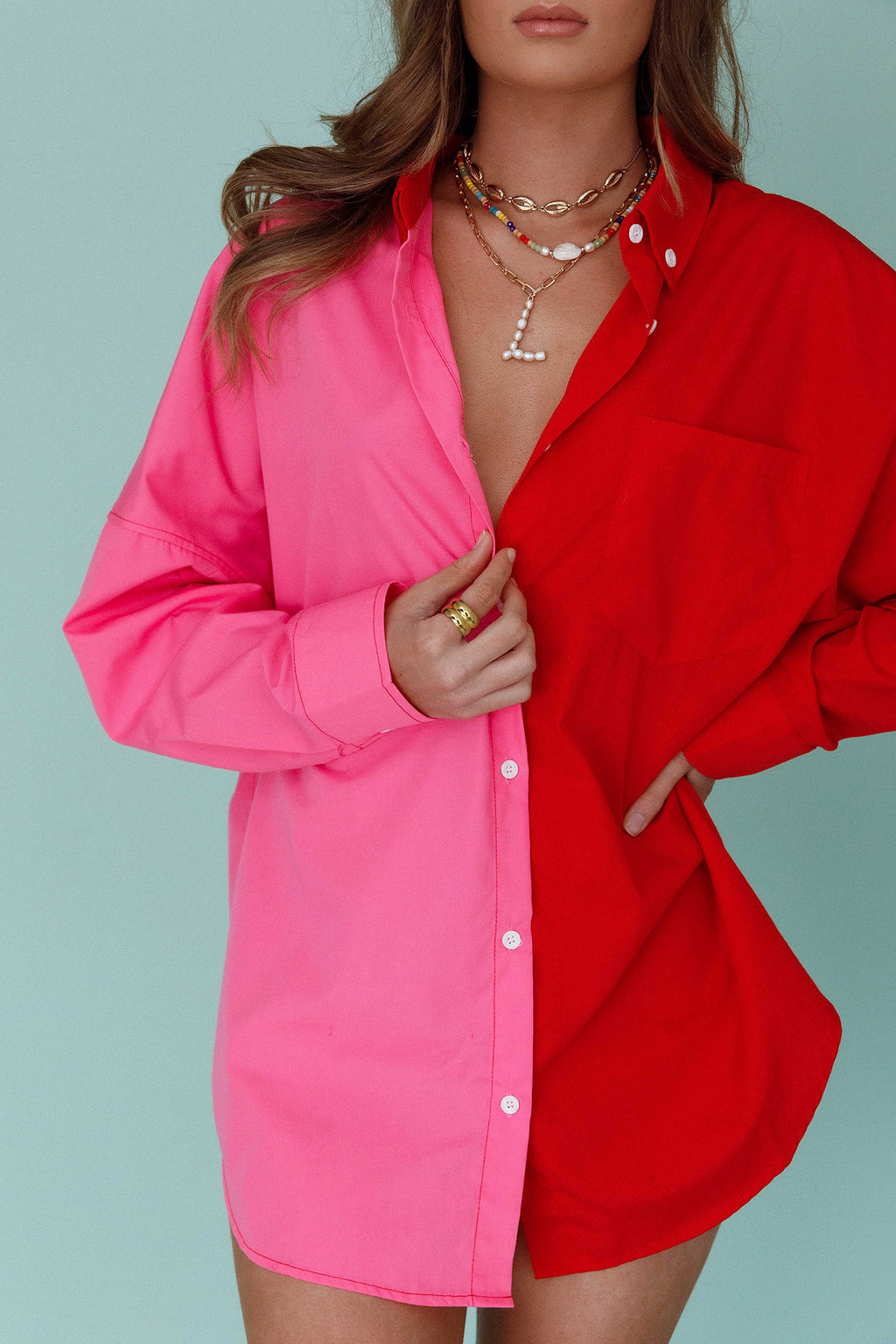 Blanca Long Sleeve Button-Up Shirt Pink/Red by Selfie Leslie Australia