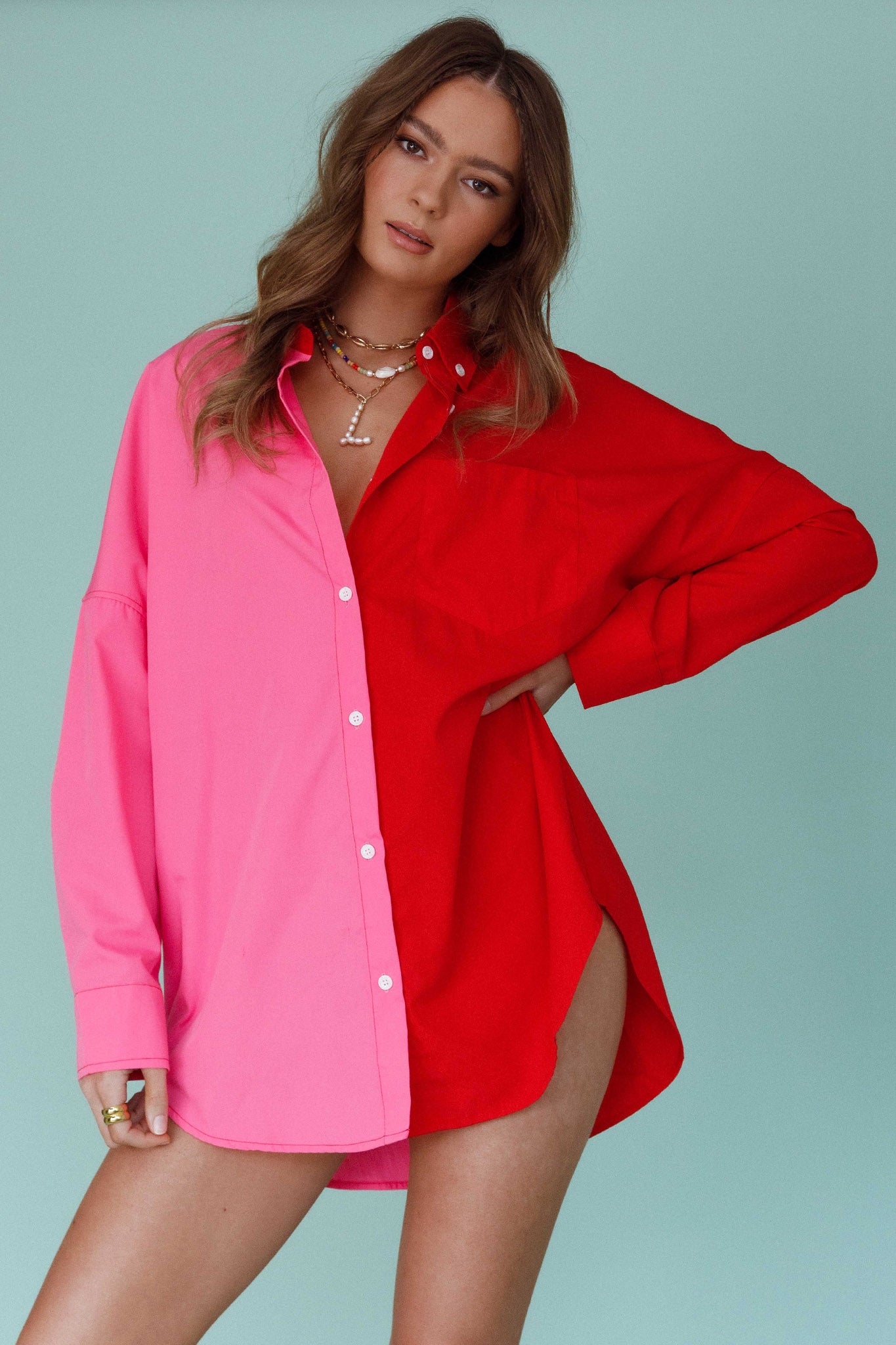Blanca Long Sleeve Button-Up Shirt Pink/Red by Selfie Leslie Australia