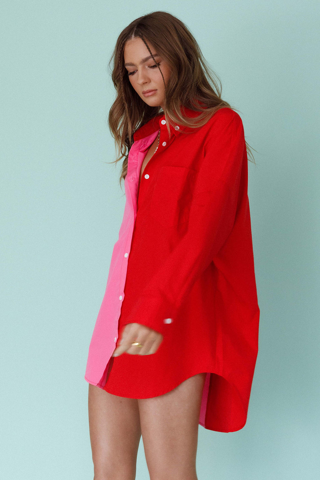 Blanca Long Sleeve Button-Up Shirt Pink/Red by Selfie Leslie Australia