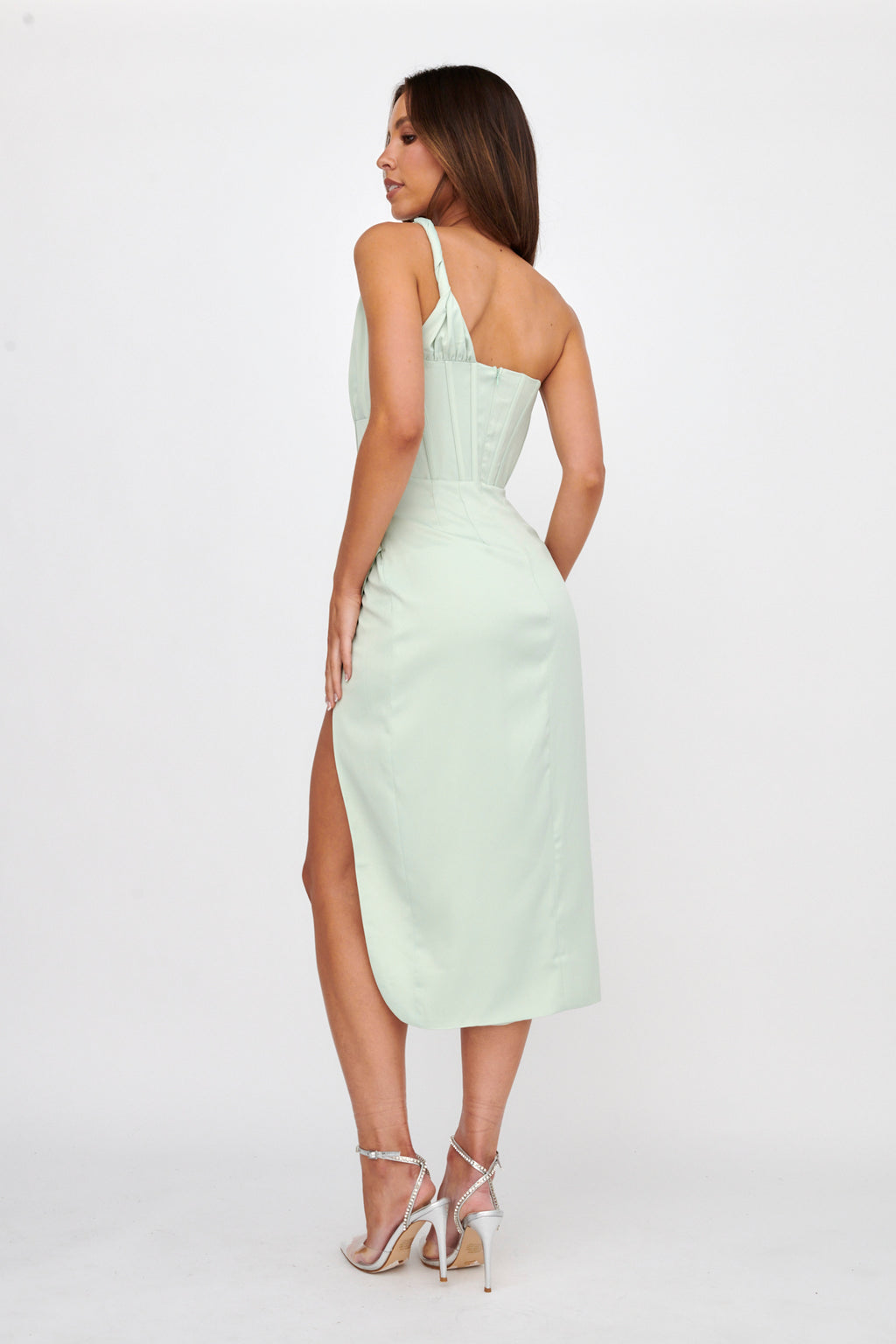Ryhana One-Shoulder Split Midi Dress Mint by Selfie Leslie Australia
